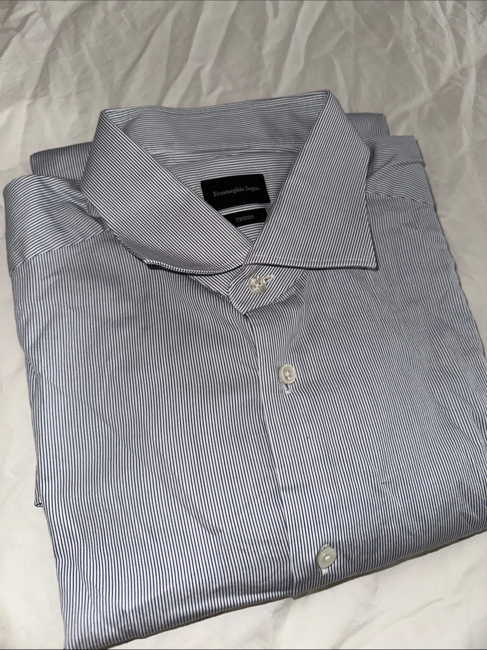 Ermenegildo Zegna Navy and White Micro-Stripe TROFEO Dress Shirt 44